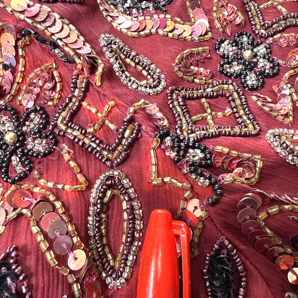 Vintage STENAY Beaded Silk Jacket Size L FLAWS Burgundy Wine Dark Red Floral - Picture 10 of 13